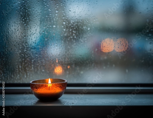 A lit candle sits on a windowsill, rain-streaked glass obscuring a blurred city night