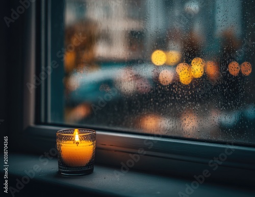 A lit candle sits on a windowsill, rain-streaked window showing blurred city lights