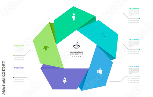 5 Step Venn diagram infographic template background. Pentagon loops with icons for business presentation.