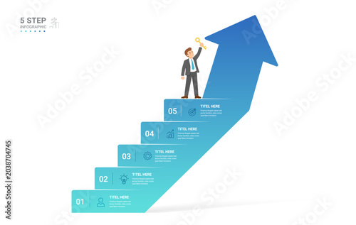 Infographic Staircase Step Business Growth timeline with 5 Step Arrow Process and Concepts for Success Diagram Background