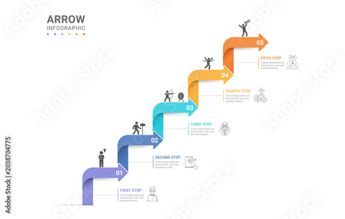 Infographic Staircase Step Business Growth timeline with 5 Step Arrow Process and Concepts for Success Diagram Background
