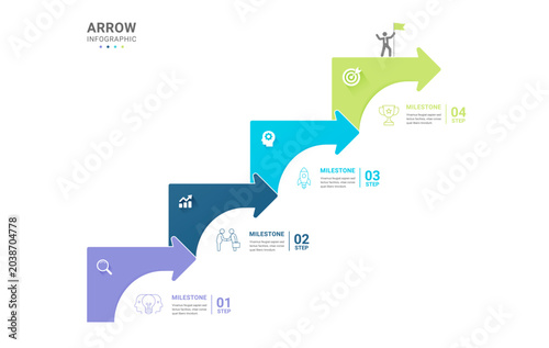 Infographic Staircase Step Business Growth timeline with 4 Step Arrow Process and Concepts for Success Diagram Background
