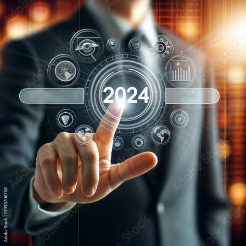 Businessman blurred in background touching virtual search engine bar in front of him with 2024 trends wording for marketing monitor and business planing in new year concept, created with generative ai