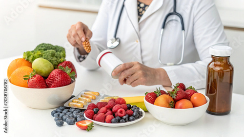 Doctor with stethoscope offering supplements and fruits for healthy lifestyle
