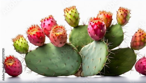 A Vibrant Prickly Pear Cactus Opuntia With Lush Green Pads And Bright Red Fruit Isolated On A Transparent Background