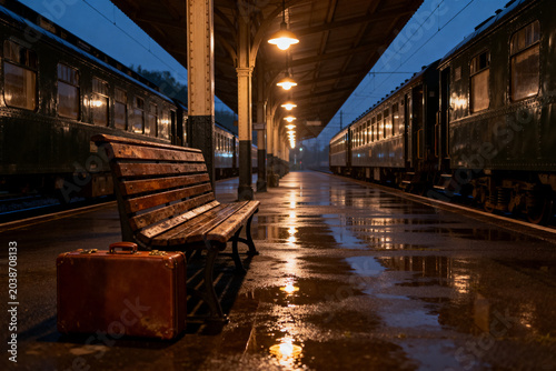 Vintage Train Station Platform with Wooden Bench and Brown Suitcase on Rainy Evening