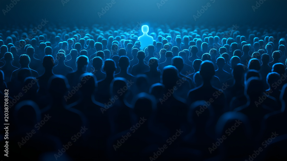 Obraz premium A glowing blue silhouette stands out in a crowd of people.