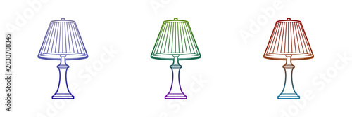 Three colorful table lamps with gradient line art design