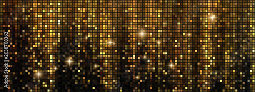 Golden disco ball with glittering dots creates radiant black pattern backgrou...