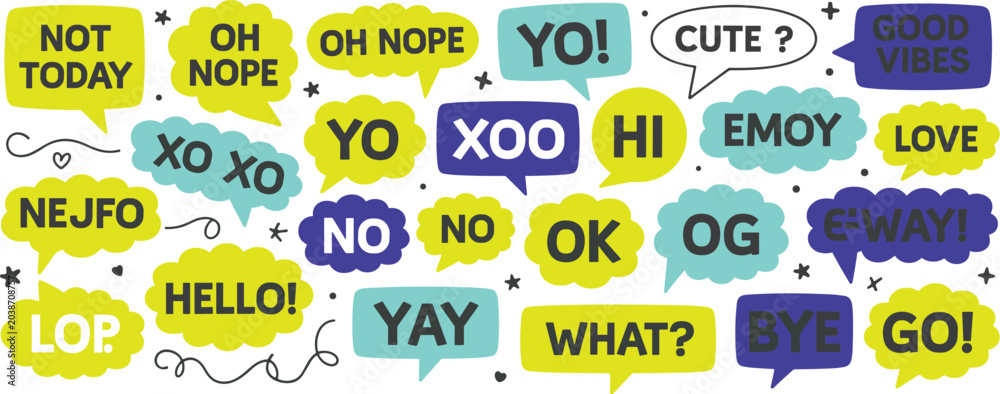 Obraz premium Collection of colorful speech bubbles with various short expressions and words for communication