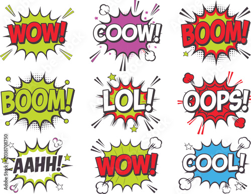 Bild auf Leinwand Set of nine colorful comic book style speech bubbles with exclamations and graph