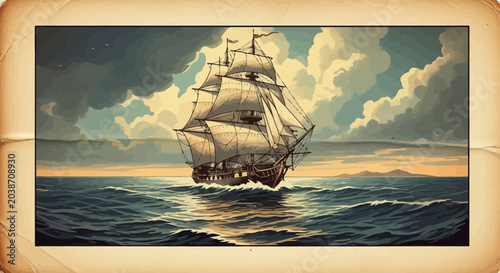 Foto Majestic Tall Ship Sailing on Ocean Under Dramatic Cloudy Sky