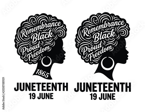 Juneteenth silhouette of black woman with curly hair and typography