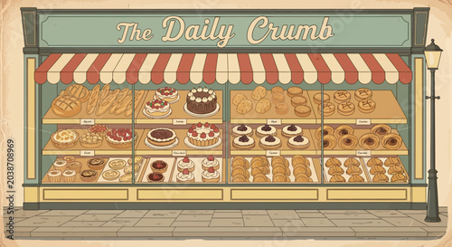 Vintage Bakery Shop Window Display With Assorted Pastries and Cakes