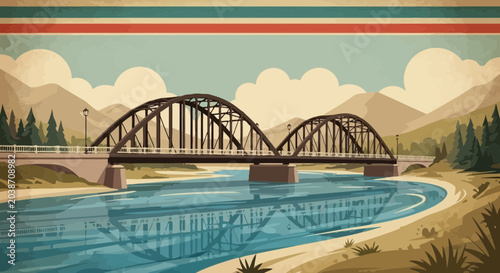 Foto Vintage Arch Bridge Over Blue River with Mountain Landscape, Retro Style