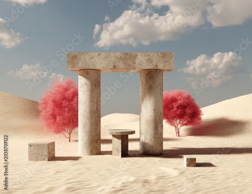 Minimalist desert scene with stone archway and vibrant pink trees