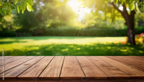 Empty Wooden Table In Vibrant Summer Backyard Mockup Occasion