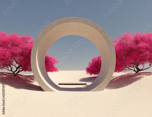 Minimalist desert scene with pink trees framing a circular concrete archway