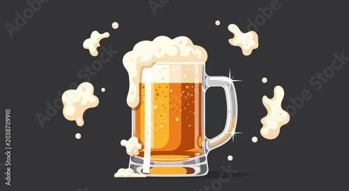 Billede på lærred Refreshing Draft Beer Glass with Thick Frothy Foam on Dark Background