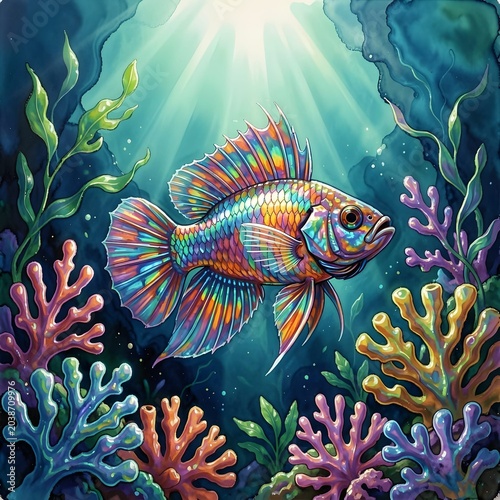 rainbow fish amidst a vibrant coral explosion