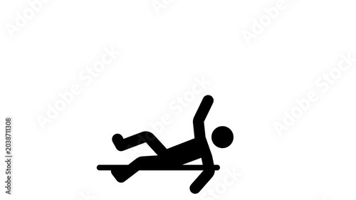 A black stick figure icon falling backwards on a horizontal line against a white background
