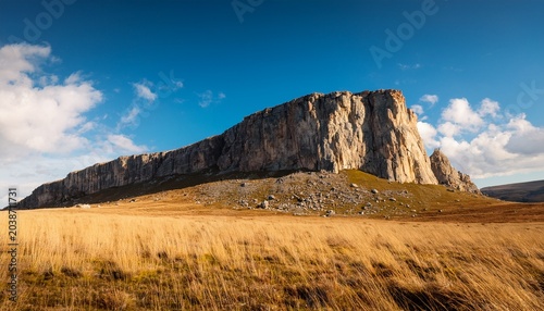 A Large Rocky Cliff Stands Tall In A Vast Open Landscape With Yellow Grass And A Blue Sky Filled With White Clouds