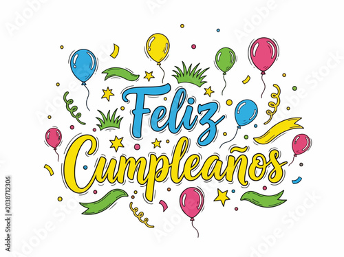 Colorful illustration of 'Feliz Cumpleaños' with balloons and confetti for a birthday celebration