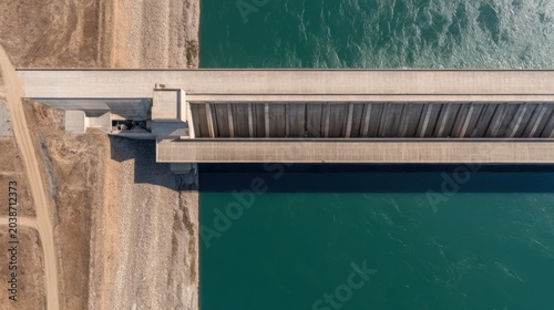 Aerial view of a concrete dam structure surrounded by water, showcasing its engineering details