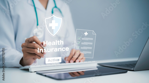 Fotografie Health insurance protection concept with digital policy management medical cover