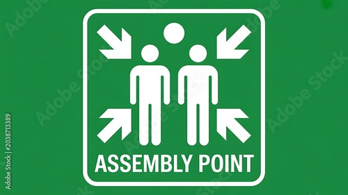 Green assembly point sign, emergency meeting point icon, directional arrows symbol, safety instruction label
