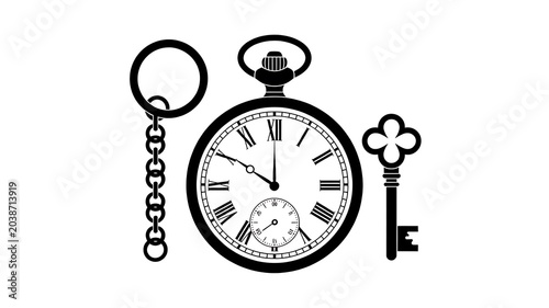 Vintage pocket watch, antique clock, key, and chain, black and white illustration