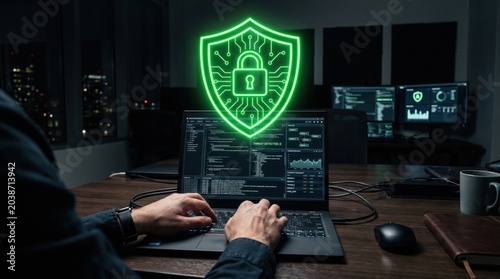 Bright Green Shield Icon Represents Cybersecurity and Data Protection in Modern Workplace Setting