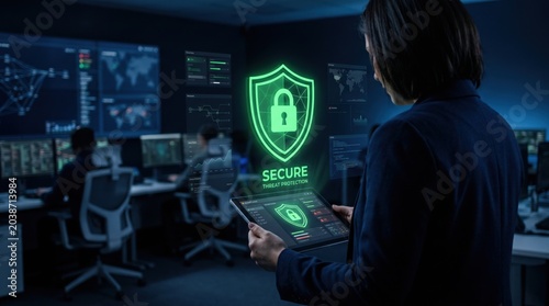 Professional in Office Monitoring Cybersecurity Threats with Tablet and Digital Shield Icon for Protection