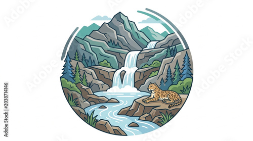 Foto Leopard resting by a waterfall in a mountain landscape.