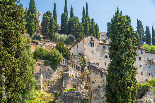 Fotografie Teatro Romano and castel San Pietro on Adige river in Verona, Veneto region, Italy