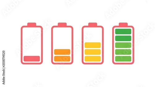 Battery level icons, charging status symbols, power gauge illustrations, energy meter graphics