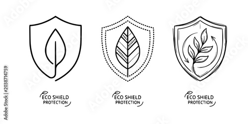 Eco protection shield with leaf icon set for environmental safety in three styles
