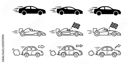 Fast moving car icon set depicting speed and racing in solid, outline, and doodle styles
