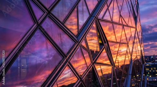 Stunning architectural marvel - The Gherkin reflecting vibrant sunset colors in Londons skyline.