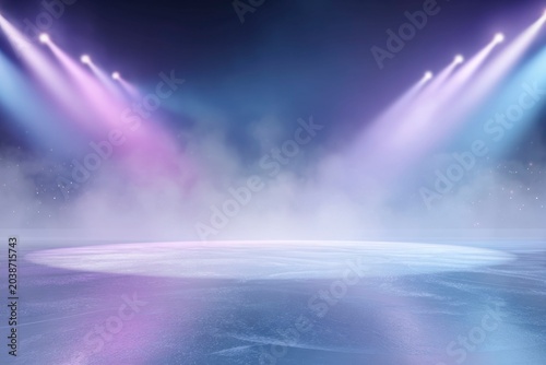 a large ice rink with spotlights, fog, and smoke in the background
