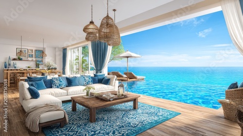 Luxurious indoor living space opens directly onto an infinity edge pool overlooking the vast ocean