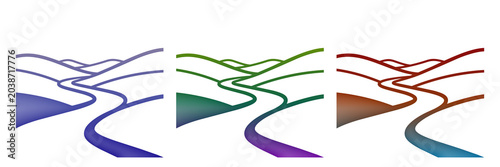 Abstract landscape icon set with winding river and hills