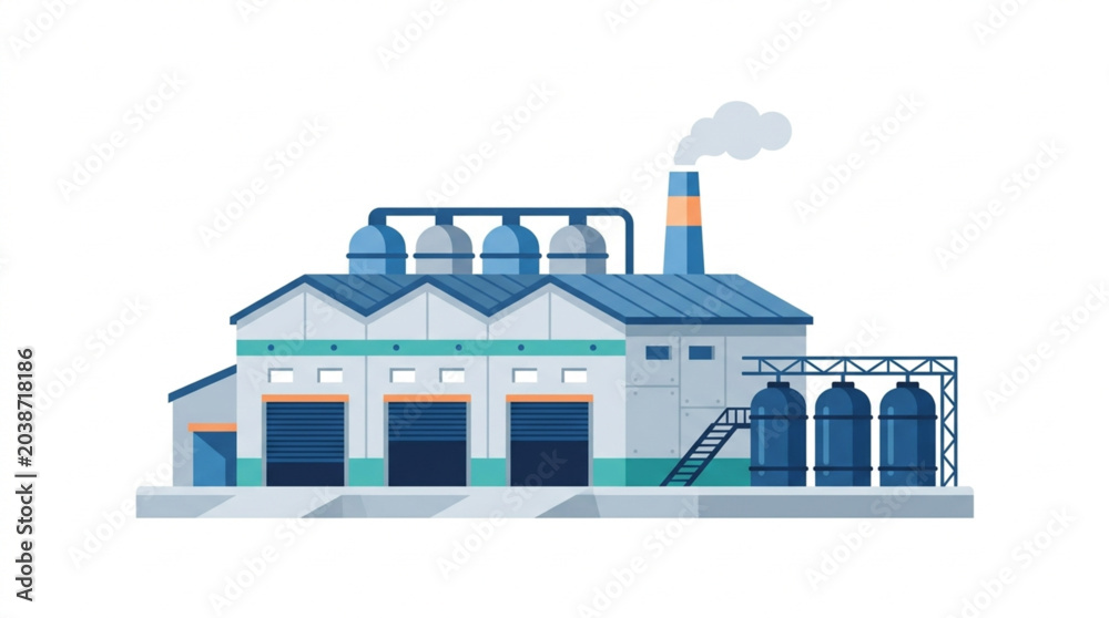 Fototapeta premium Modern Industrial Factory Building With Silos And Smokestack.