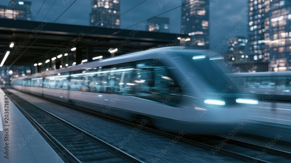 Fototapeta premium Modern high-speed train on a railway track at night. the train is moving towards the right side of the image, with its headlights on.