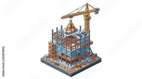 Bild auf Leinwand Modern Building Construction Site with Crane and Scaffolding.