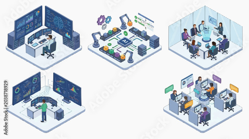 Isometric illustrations capturing the essence of digital transformation smart factory, data monitoring, business strategy, and collaborative tech workspaces