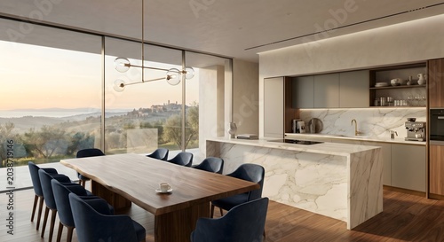 Luxury modern kitchen with marble island and scenic tuscan landscape