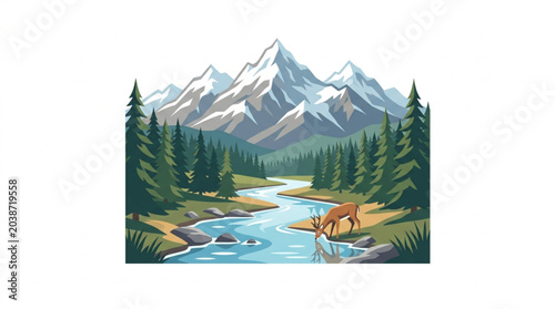 Fotografie Majestic Snow Capped Mountains Overlooking a Forested Valley and River