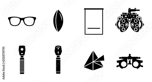 Konstfotografi Ophthalmology Icons Set: Vision Care, Eye Exam Equipment, Optometry Tools, Eyegl
