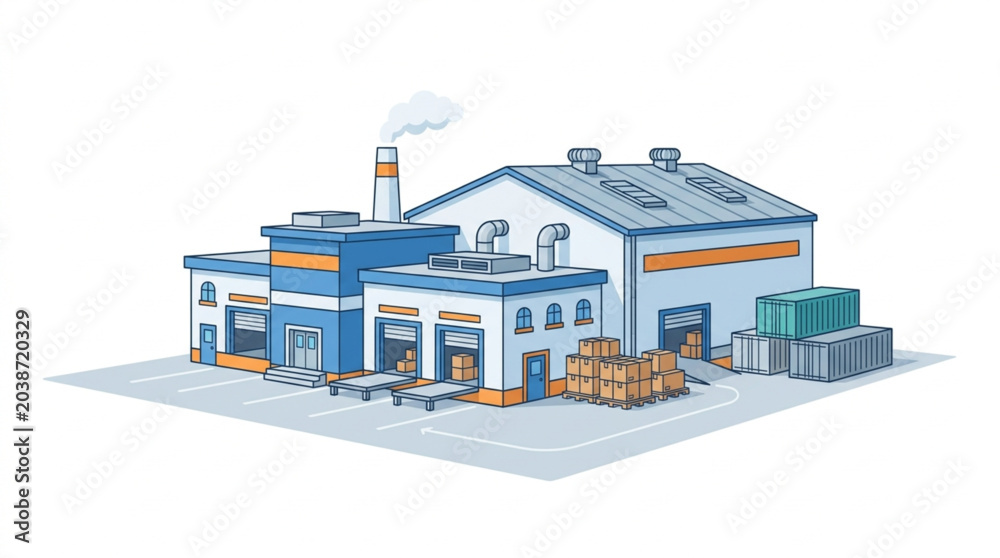 Fototapeta premium Modern Factory Building with Smoking Chimney and Stored Materials.